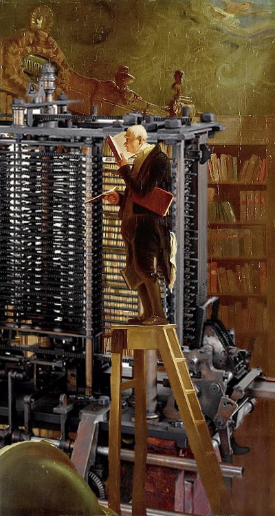 Spitzwegs Bücherwurm (1850) vor einen mechanischen, mit Dampf angetriebenen Computer, Quelle: Wikipedia, Fotomontage